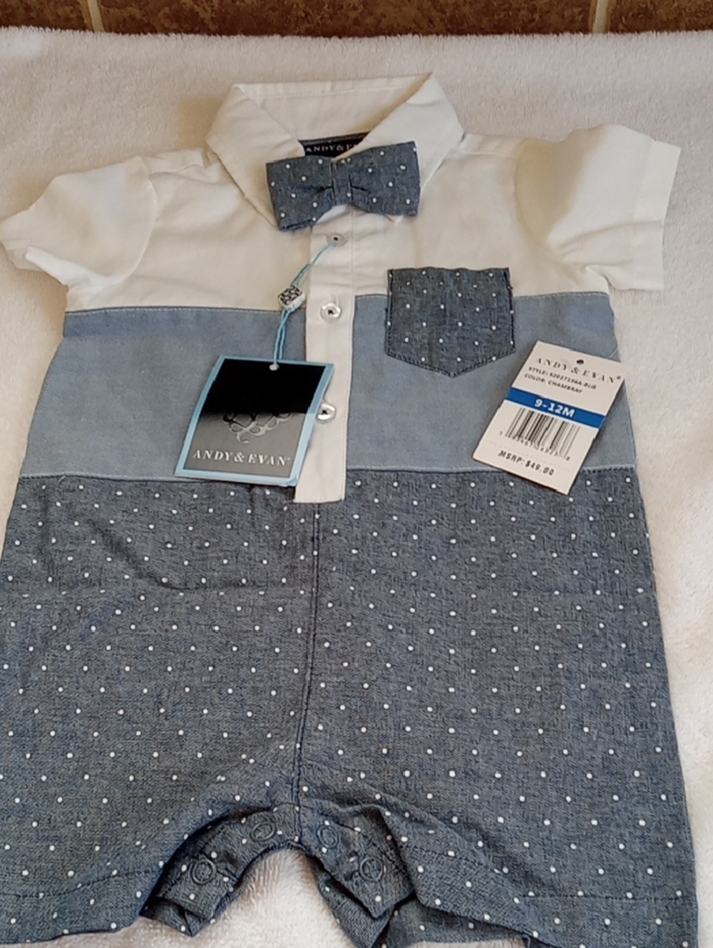 Andy & Evan Chambray Blue Polka Baby Romper with Bow